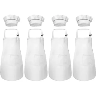 Fodlon Kinderschürze und Kochmütze Set, Weiß Kinder Schürze für Kochen Backen Malen, Verstellbare Kochschürze mit 2 Taschen für Jungen Mädchen 6-13 Jahre