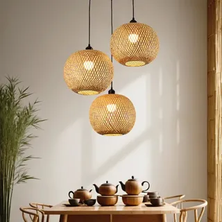 Pendelleuchte 3-Flammig Vintage Esstisch Rattan Bambus Pendellampe Retro Stil Laterne E27 Kronleuchter Antik Lampe Landhaus Hängelampe Wicker Lampenschirm Schlafzimmer Wohnzimmer Cafe Bar Deckenlampe(