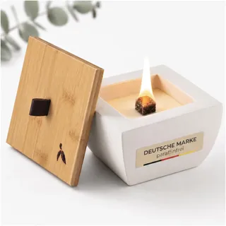 mahona Wachsfresser Outdoor Kerzenfresser für Kerzenreste - mit Dauerdocht | Betonkerze mit Dauerdocht als Tischkamin für Garten Balkon Terrasse, Dauerkerze aus Beton und Bambus, Outdoor Deko
