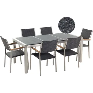 BELIANI Gartenmöbel Set Schwarz Granit Edelstahl Tisch 180 cm mit 3 Platten Geflammt 6 Rattanstühle Terrasse Outdoor Modern - Grau, Schwarz, Silber