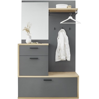 Stella Trading Louis Flurgarderoben Kompaktgarderobe in Dunkelgrau - Stylishe Kompaktgarderobe mit Spiegel für Ihren Eingangsbereich - 115 x 198 x 38 cm (B/H/T)