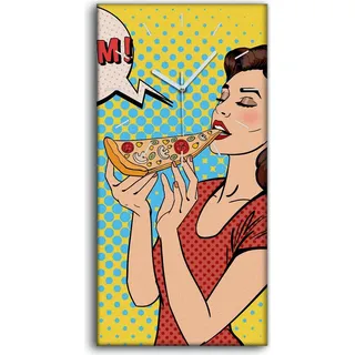 Dekor Leinwand Uhr Wandbilder 30x60 Pop Kunst Junge Frau beim Pizza essen - weiße Hände - Weiß