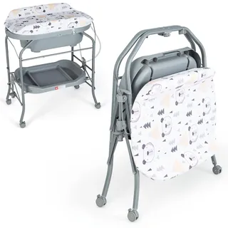 LIFEZEAL Wickeltisch mit Badewanne, 2 in 1 Flatbare Bade-Wickelkombination auf Räder, Badewannenaufsatz Wickelkommode mit 1 offener Ablage, Babybadewanne mit Ständer Max. Belastbarkeit 35kg (grau)