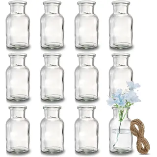 woobroo 12er Set Kleine Vasen für Tischdeko mit Juteschnur | 125 ml Mini Glasvasen für Blumen, Hochzeiten, Geburtstage & Gartenpartys, geringe Größe