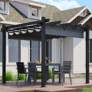 JUMMICO Pergola 3x3m mit verstellbarem Sonnendach, Freistehende Terrassenüberdachung aus Aluminium, Wasserdichtes & Stabiles Pavillon mit PC-Platten und Magnetbefestigung, Winterfest