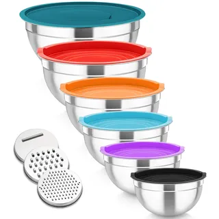 TEAMFAR Rührschüssel, 6 Stück Edelstahl Schüssel Set mit Luftdichtem Deckel & 3 Reibenaufsätzen, Salatschüssel für Backen Vorbereiten, Stapelbar, Spülmaschinenfest, Bunt, 4,6L/2,8L/2,5L/1,6L/1,2L/0,7L
