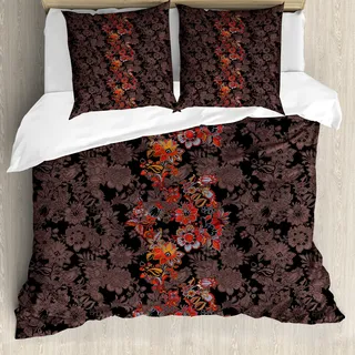 ABAKUHAUS Blume Bettbezug, Japanische Vivid Florals, Milbensicher Allergiker geeignet mit Kissenbezügen, 155 cm x 220 cm - 80 x 80 cm, Schwarz Orange Senf - Schwarz