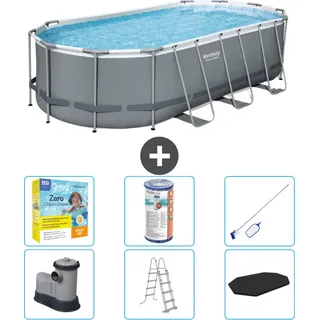 Bestway Oval Power Steel Swimmingpool – 549 x 274 x 122 – Grau – inklusive Pumpe – Leiter – Abdeckung Wartungspaket - Filter - Reinigungskit