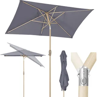 Sekey Sonnenschirm Rechteckig 210 x 140 cm – Balkonschirm, Marktschirm, Terrassenschirm mit Kurbel, UV50+ Sonnenschutz, Holzoptik, Hellgrau - Hellgrau
