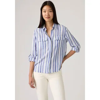 Hemdbluse LEVI'S, Damen, Gr. L (40), bold stripe blau cotton linen, Web, Obermaterial: 55% Viskose, 33% Baumwolle, 12% Leinen, gestreift, figurumspielend hüftbedeckend, Krempelärmel,mit Riegel Manschette krempelbar, Blusen Hemdbluse, Krempelärmel mit Riegel
