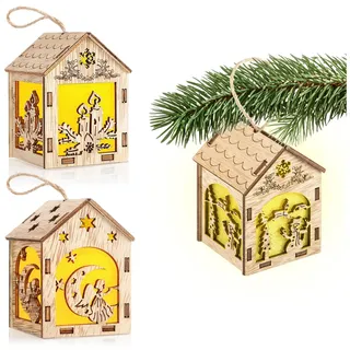 COM-FOUR COM-FOUR® 3X LED Dekohänger Haus - Hängedeko mit winterlichen Holzhäusern - warmweiße LED-Lampen - dekorative LED-Christbaumanhänger (Haus - 03 Stück)
