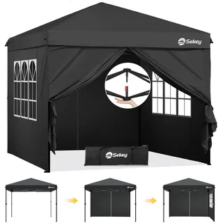 Sekey Pop Up Pavillon 3x3 Wasserdicht Stabil, Faltpavillon 3m x 3m mit Seitenwänden, Partyzelt Faltbar für Camping Party, Stufenlos Höheverstellbar 250 bis 270cm, Premium Serie 3x3, Schwarz