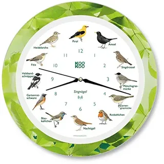 KOOKOO Singvögel Leaf, Die Singende Vogeluhr, mit 12 heimischen Singvögeln und echten, natürlichen Vogelstimmen, mit RC Funkquarzwerk