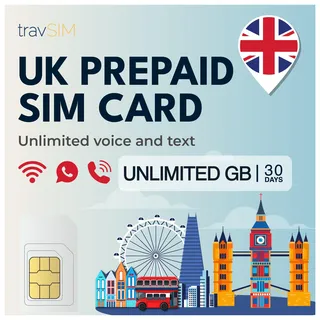 travSIM UK SIM-Karte | Unbegrenzte Datenmenge + Unbegrenzte Anrufe und Texte | 4G/5G-Geschwindigkeiten | Funktioniert in ganz Großbritannien | SIM-Karte UK ist 30 Tage lang gültig