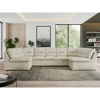 MKS Meble Sofa XXL U-Form Beige, Wohnlandschaft U Form mit Schlaffunktion, Sofa mit Schlaffunktion, Schlafsofa, Wohnzimmer Couch mit schlaffunktion - Morbido U - Beige Velvet - Beige