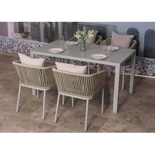 Gartengarnitur HWC-N41, Tisch+4xStuhl, wetterfest Alu 140x80cm, Seilgeflecht Rope grau Kissen grau - Grau