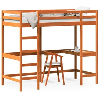 vidaXL Hochbett mit Schreibtisch Wachsbraun 90x190cm Massivholz Kiefer - Braun