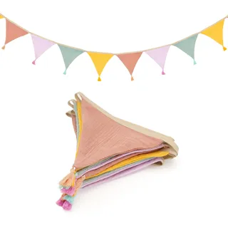 jijAcraft Wimpelkette Kinderzimmer mit Quasten Gelb Rosa: 2,8m Stoff Wimpelkette Musselin Doppelseitig Girlande Kinderzimmer Stoffgirlande Mädchen Junge für Hausbett, Babybett,Kinderbett