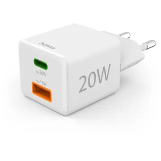 Hama Schnellladegerät, 1x USB-C 1x USB-A Mini-Ladegerät PD, 20 W, Weiß