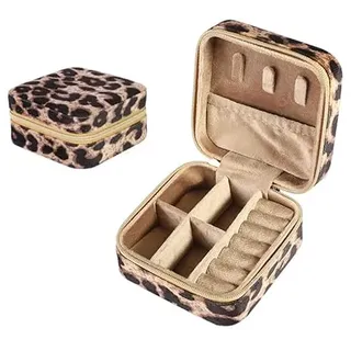 BSLVWG Schmuck-Box, Kleine Reise Organiser für Halskette, Ohrringe, Armbänder, Ringe - Samt Leopard Aufbewahrungskoffer, Geschenk für Mädchen und Frauen (Leopard)