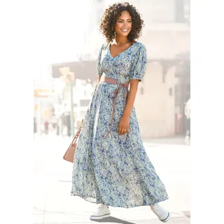 Buffalo Maxikleid "mit zartem Blumendruck und V-Ausschnitt aus Webware" Ohne Taschen kurzärmliges Sommerkleid, Strandkleid, Druckkleid, casual, blau, bedruckt