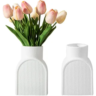 Fyfjur Vase Kunststoff, 2 Stück Blumenvase Weiß, Vasen Modern Gestreift Bruchsichere für Wohnzimmer, Büro, Hochzeitsdekoration (15,5x10,5x8,5cm)