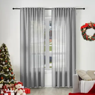 WOLTU 2er Set Gardinenn, Schiebegardine für Wohnzimmer Schlafzimmer, mit Kräuselband, Leinenoptik, Halbtransparent Voile modern, 135 x 225 cm, Grau