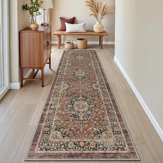 DEXI Läufer Flur Teppich 60 x 240 cm, Küchenläufer Lange waschbar rutschfest, Schmutz & Wasser Aufnehmen Dünne Vintage Teppichläufer für Hauseingänge, Küche, Waschküche, Rostrot