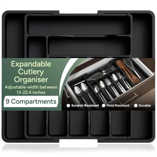 Zuvo Erweiterbarer großer Kunststoff Besteckschublade Organizer - Schwarz Besteckkasten für Küchenutensilien Set - Perfekt für Kunststoff Aufbewahrungsschubladen Groß Besteck Schublade Organizer