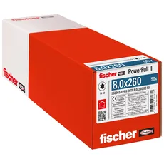 fischer PowerFull II 8,0 x 260, Premium Vollgewindeschraube (50 Stk.) mit innovativer Spitzengeometrie, Stahlschraube für tragende Holzkonstruktionen mit Zylinderkopf, vermindert Spaltrisiko