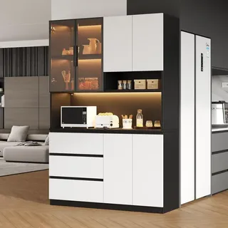 Merax Küchenschrank Küchenvitrine mit LED 3 Schubladen 6 Türen 0 x 0 x 0 Schwarz/Weiß