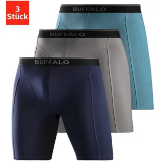 Langer Boxer BUFFALO "Boxershorts für Herren", Herren, Gr. XXL, 3 Stk., blau (aquablau, grau, navy), Jersey, Obermaterial: 92% Baumwolle, 8% Elasthan (LYCRA), unifarben, Unterhosen Langer Boxer, in langer Form ideal auch für Sport und Trekking, Topseller