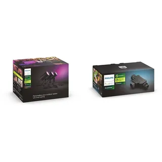 Philips Hue White & Color Ambiance Lily Gartenstrahler 3-er Pack & Outdoor T-Stecker, Zubehör Niedervolt-System, schwarz, wetterfest (IP67)