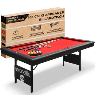 SereneLife 6-Fuß Klapp-Pooltisch – Tragbarer Billardtisch – Inklusive 2 Queues, vollständigem Ballset, Kreide, Bürste – Klappbarer Pooltisch für Kinder und Erwachsene (Rot)