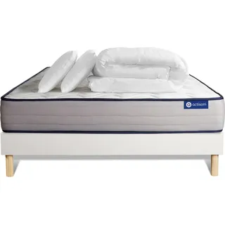 Komplettpaket Bett - Matratze 180x200 cm + Boxspringbett mit Lattenrost (im Set) + 2 Kopfkissen + Bettdecke - Actimemo Form - Weiß