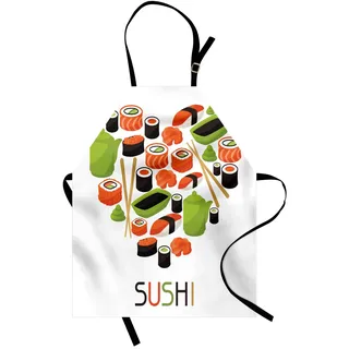 ABAKUHAUS Sushi Kochschürze, Abbildungen von Teekanne Tobiko Roll Wasabi und Sojasauce in Herzform Artwork angeordnet, Höhenverstellbar Klare Farben ohne verblassen, Schwarz Grün