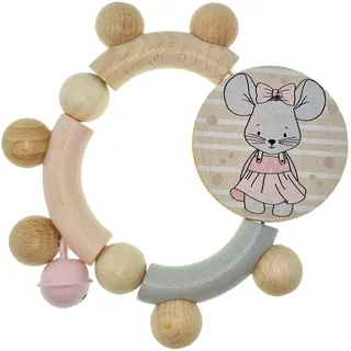 Hess Holzspielzeug 11141 - Motorikrassel aus Holz, Maus Ella, runde Rassel zum Greifen und als Beißring, handgefertigtes Motorikspielzeug für Babys