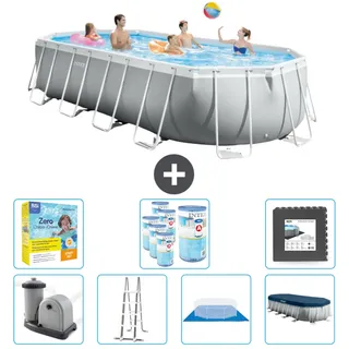 Intex Oval Prism Frame Swimmingpool – 610 x 305 x 122 cm – Grau – inklusive Pumpe – Leiter – Bodenplane – Abdeckung Wartungspaket - Filter - Bodenfliesen
