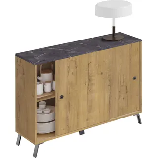 Muebles Pitarch | Sideboard für Wohn- und Esszimmer, Buffet, Beistellschrank, 2 Schiebetüren, Eiche Gold mit Schwarzen Beinen, 87x120x40 cm, Moderner Industrie-Empfangsbereich, Modell Kamet