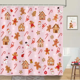 COZZSNUGE Duschvorhang 180 x 180 cm Weihnachten Lebkuchen, Schneemann Zuckerstange Haus Rosa Duschvorhänge Anti-schimmel Wasserdicht Polyester Stoff Badvorhang mit 12 Duschvorhangringen