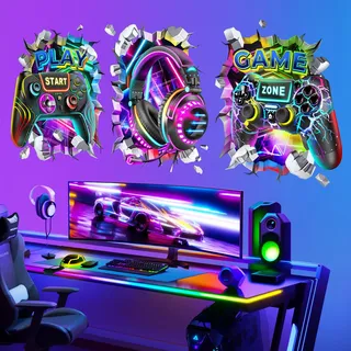 decalmile 3 Stück Wandsticker 3D Gamer Junge Wandtattoo Gaming Controller Durchbruch Videospiel Wandaufkleber Jungen Schlafzimmer Kinderzimmer Spielzimmer Wanddeko
