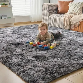 CHOSHOME Teppich Wohnzimmer Shaggy Hochflor Schwarz Langflor Kinderzimmer Modern Batik Jugendzimmer Flauschig Teppich Groß, Dunkelgrau/Schwarz 90x150CM
