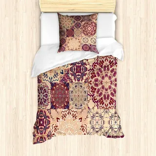ABAKUHAUS Jahrgang Bettbezug Set, Antiker traditioneller Keramikfliesen-dekorativer marokkanischer Arabesken-Bild-Druck, 135 x 200 cm + 80 x 80 cm, Getrocknete Rose Elfenbein