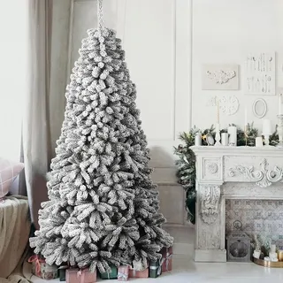 BAKAJI Weihnachtsbaum Super Donau, Kiefer, grün, schneebedeckt, Kreuzsockel aus Eisen, zusammenklappbar, sehr hohe Qualität, Äste mit Schnee, einfache Montage, Öffnung Regenschirm (240 cm)