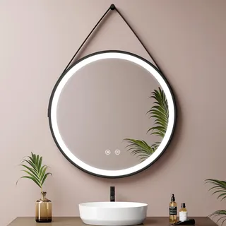 EMKE Runder Badezimmerspiegel, 60 cm, runder Wandspiegel mit Licht, Touch-Schalter und Antibeschlagfunktion, kaltweißes Licht 6500 K, schwarzer Rahmen und Verstellbarer Gurt