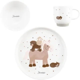 Sterntaler Geschirrset aus Porzellan Bauernhof - Geschirr Set mit rutschfestem und abnehmbarem Silikonsockel - Baby und Kindergeschirr mit Teller, 400 ml Schüssel und 200 ml Tasse, weiß
