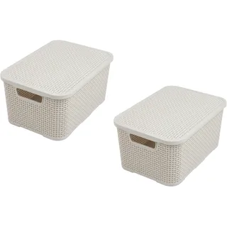 BranQ - Home essential Deckel Korb in Rattan Design 2er Set Grösse L 19l, Kunststoff PP, Creme, 19 l