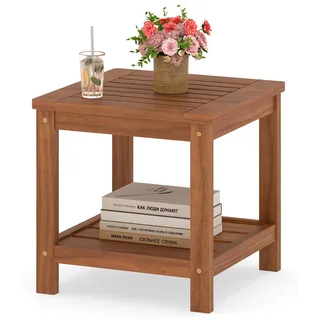 KOMFOTTEU Beistelltisch, 2-stöckiger Sofatisch mit Lattenoberfläche, quadratischer Couchtisch, Nachttisch Balkontisch Holz, Akzenttisch für Balkon, Garten, Hof, Veranda & Wohnzimmer, 45x45x44 cm - Naturbelassen