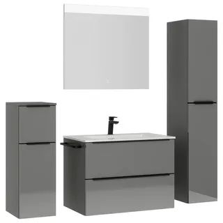 Nobilia Badezimmer , Schwarz, Schieferfarben , Metall , 5-teilig , 5 Fächer , 3,2 Schubladen , F , 141 cm , Goldenes M, Made in Germany , Griffeauswahl, hängend, Zusatzausstattung erhältlich, Typenvielfalt , Badezimmer, Badmöbelsets & Badmöbelserien, Badmöbel-Sets