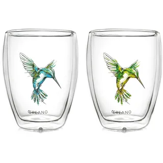 Creano doppelwandige Tee-Gläser, Cappuccino-Glas, Thermoglas Hummi im Kolibri Design, 2er Set, 250 ml in exklusiver Geschenkbox, blau/grün